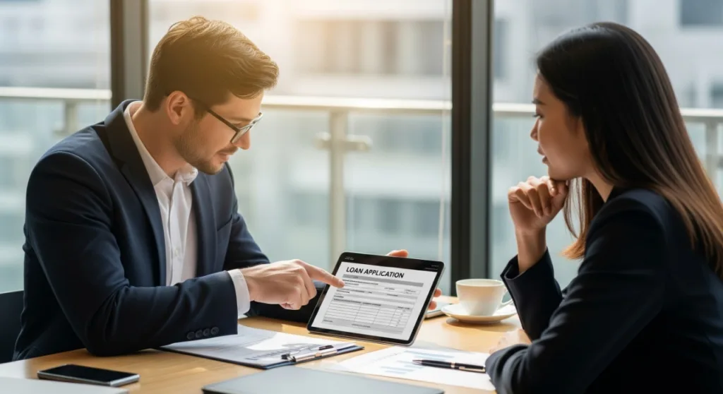 A man and woman are discussing a loan application on a tablet in a meeting, with the man pointing to the screen. The image shows a professional consultation session for financial or business purposes.