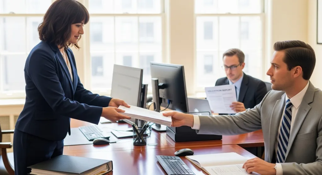 Business professionals exchanging documents in an office setting, representing a smooth, end-to-end process.
