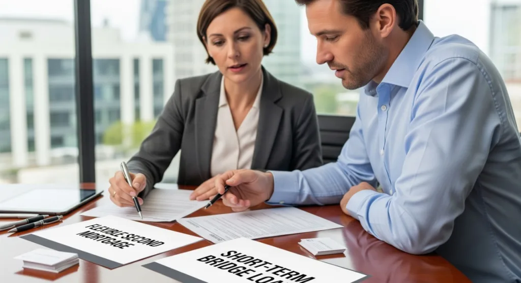 Two business professionals reviewing financial documents and customised loan options, representing structured and bespoke offers.
