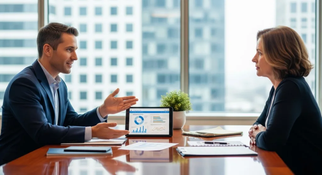 Two business professionals discussing financial charts on a laptop, representing transparent advice and risk mitigation.