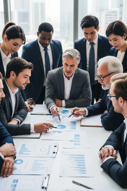 Business team in formal attire gathered around a table, reviewing charts and financial reports related to typical loan sizes, terms, and rates.